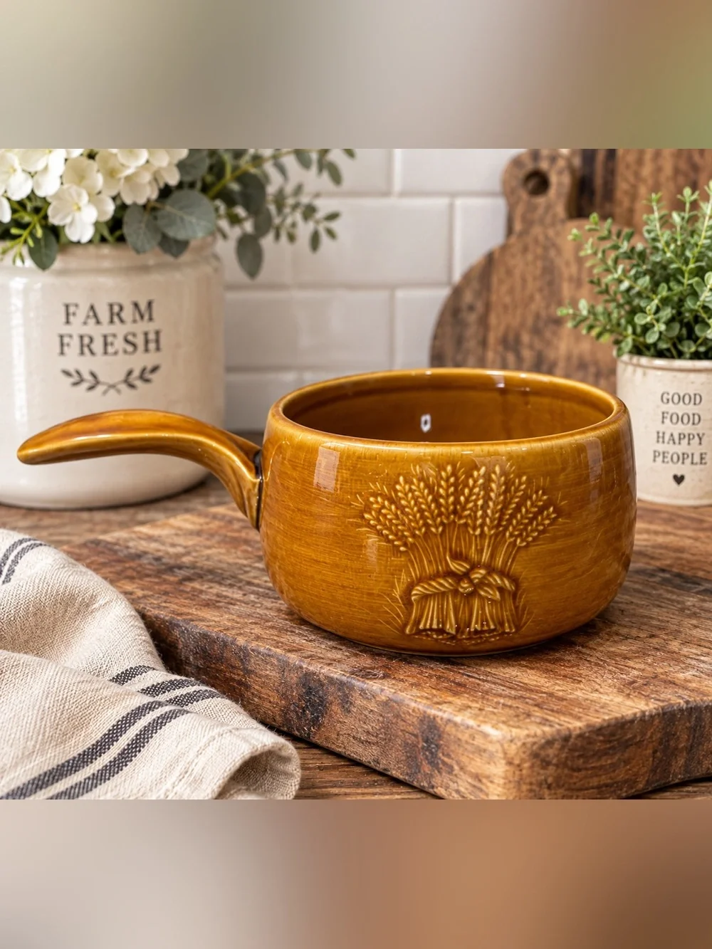 Franciscan Harvest Wheat Ceramic Handled Small Crock - Amber Brown